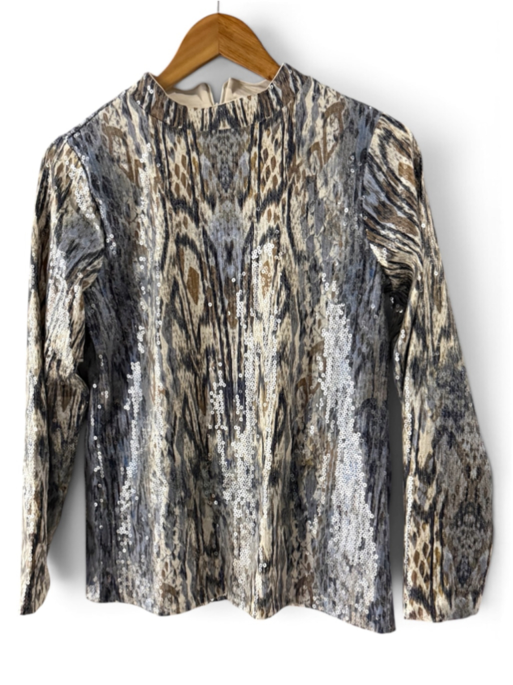 Women's Chico's Sequin Blouse Size S Grey Brown Long Sleeve Top